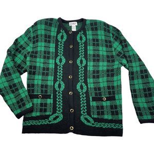Koret Vintage Sweater Green Black Cardigan Gold Buttons Academia Cottagecore M